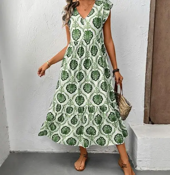 

Women Dresses 2026 Spring Summer New Vacation Style Loose Fit V-Neck Fashion Printed Short Sleeve Casual Long Dress