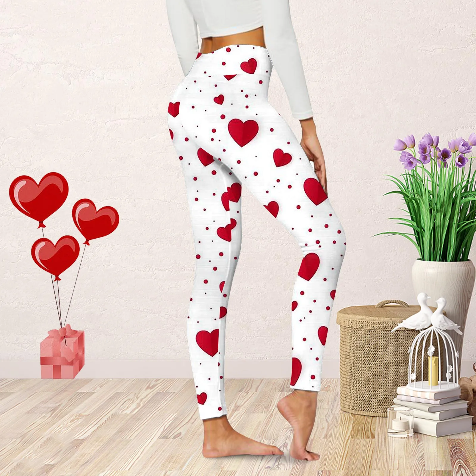 Valentine's Day Women Leggings High Waist Heart Print Stretchy Pant Sexy Slim Fitness Elastic Sports Trousers Outerwear Tights