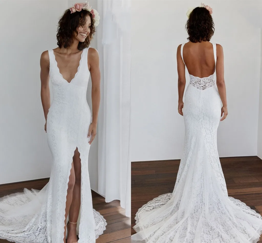 

beach mermaid wedding dresses 2022 sexy v-neck backless front slit full lace bohemian summer holiday bridal dress vestidos de