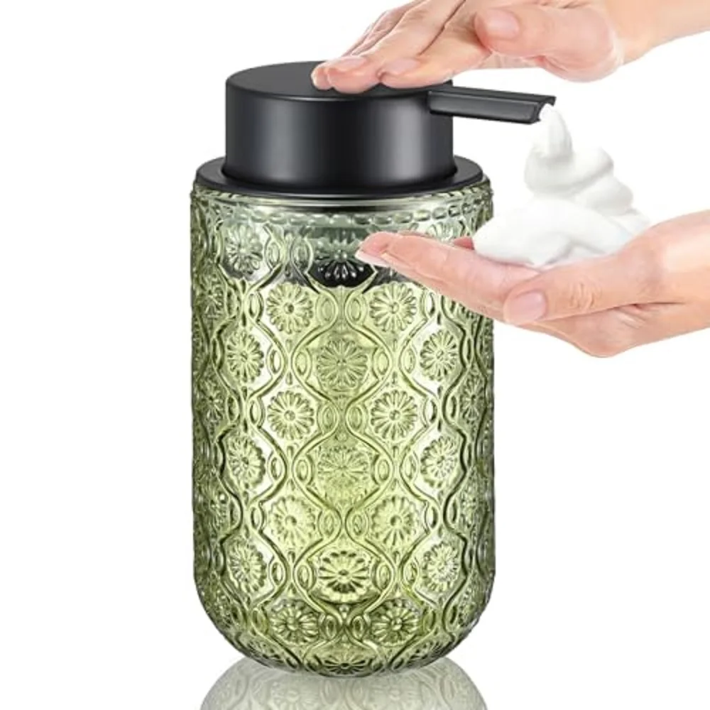 Green Glass Foaming Hand Soap Dispenser with Matte Black Pump Thick Embossed Bottle Refillable for Bathroom and Kitchen Decor