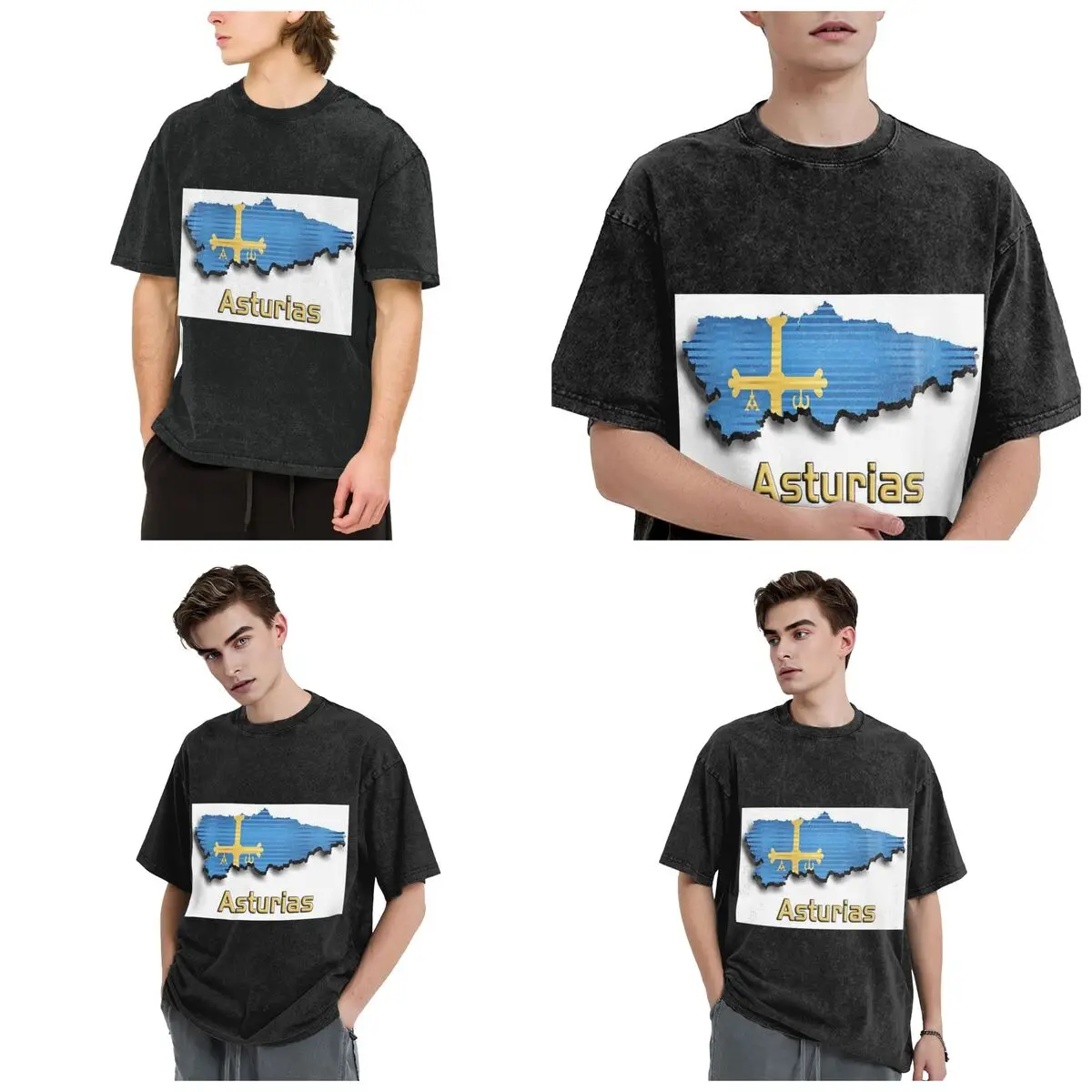 Asturias Flag Hip Hop Short Sleeve T-Shirts Washed Tops Tees Streetwear T Shirt Casual for Men Women