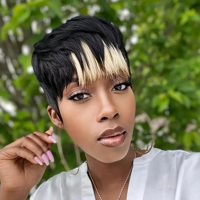 1B/퍼플 컬러 인간의 머리 가발 짧은 레이어드 픽시 컷 짧은 매일 파티 사용 여성용 기계 제작