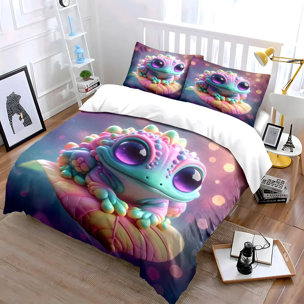 Dreamy Colorful Little Frog Print Bedding Set 1 Duvet Cover 2 Pillowcases for Adult and Children Luxury Gift Full Size