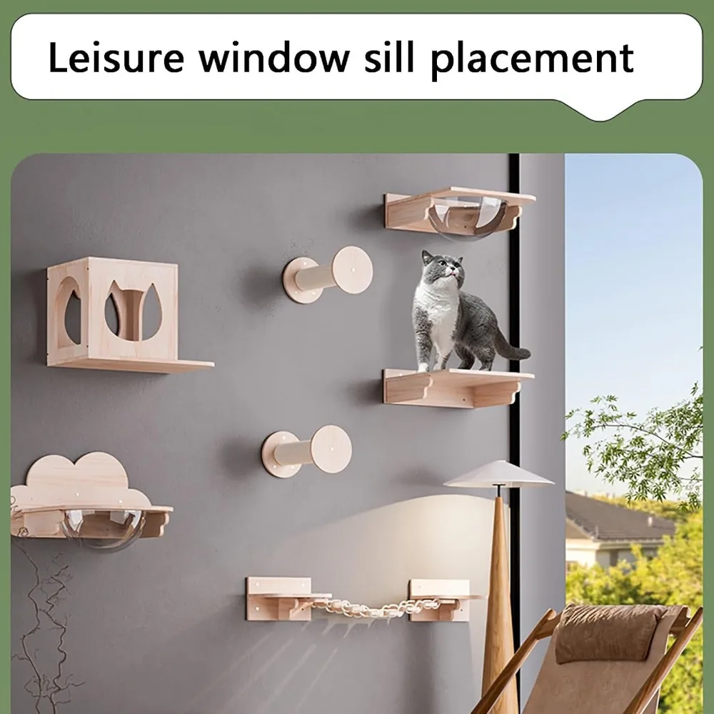 طقم أثاث قطط مكون من 5 قطع مثبت على الحائط مع جدار التسلق والأرفف ومنصات القفز