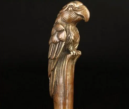 bronze Pure Copper Brass Grandpa Good Lucky BRONZE PARROT CANE WALKING STICK HEAD DECORATION CARVING ASIAN COLLECT OLD