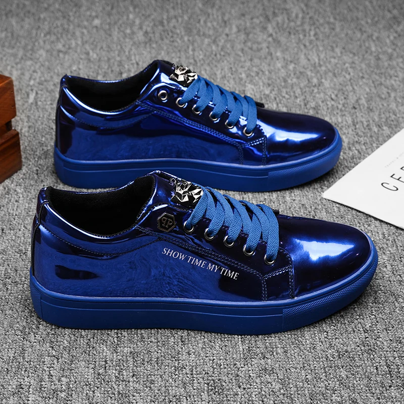 Hot Fashion Patent Leather Casual Shoes Men Party Rock Shoes Designer Blue Mirror Sneakers Men Streetwear Skateboard Shoes Men