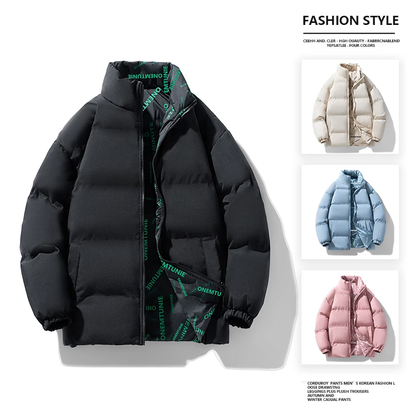 Men Reversible Letter Print Padded Jacket Stand Collar Zip Up Loose Double Wear Casual Winter Puffer Coat
