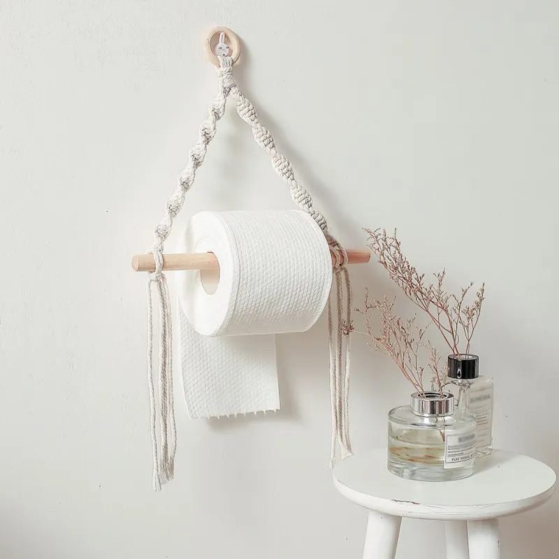 Hemp Rope Nail-free Paper Towel Holders Tissue Wood Rack Bathroom Hook Toilet Wall Hanging Kitchen Paper Roll Holder