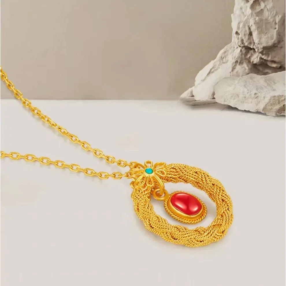 Collana Fengyi elegante da donna retrò con pendente Fengyi con filamento antico in oro giallo 24 carati in vero oro 9999