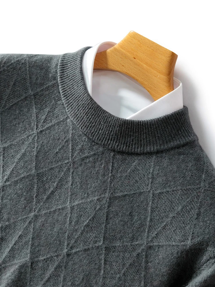 Men's Autumn Winter Cashmere Sweater Mock Neck Long Sleeve Pullover Rhombus Knit Smart Casual Thick 100% Merino Wool Knitwear