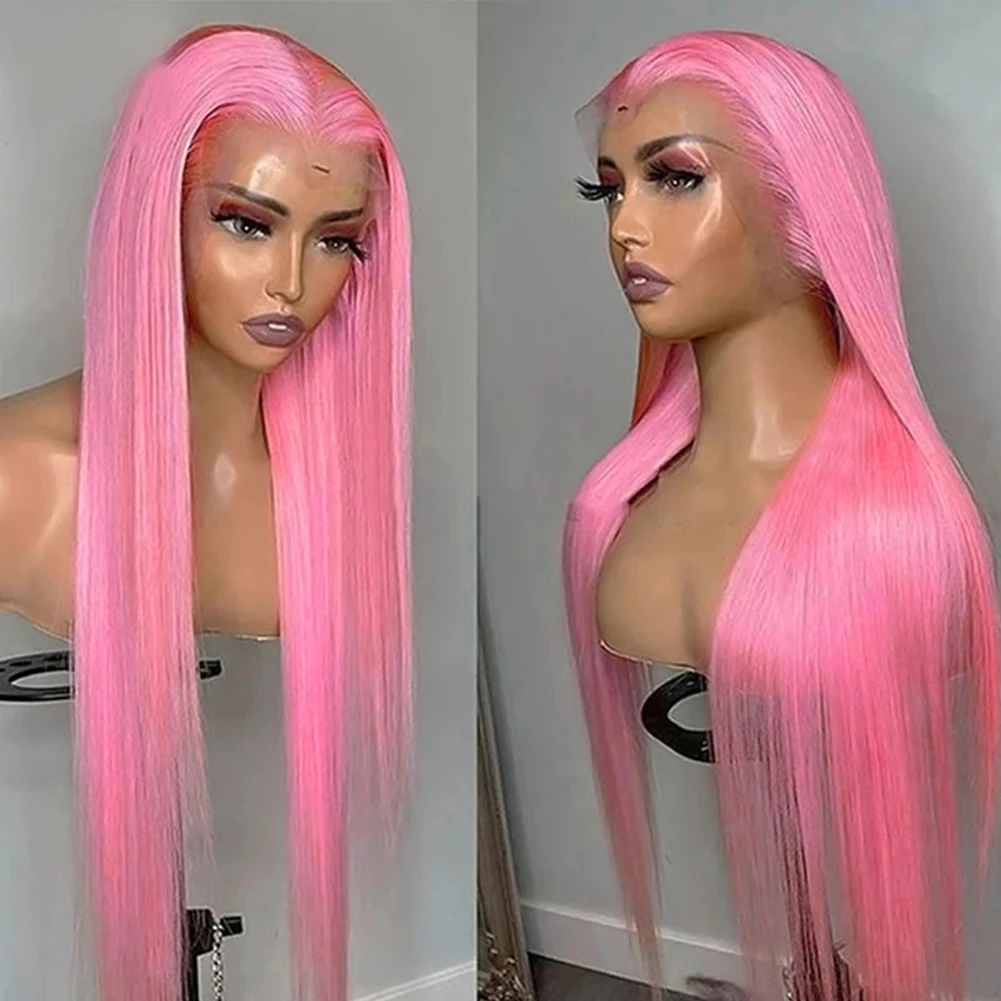 MXWIG  Pink Hair Straight Preplucked Soft  Synthetic Glueless 13X4 Lace Front Wig For Fashion Women Hair Cosplay Party