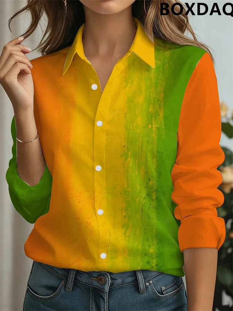 Autumn Long Sleeved Lapel Blouse For Women Fashionable Gradient Pattern Printed Button Shirts Casual Women's Vacation Date Tops