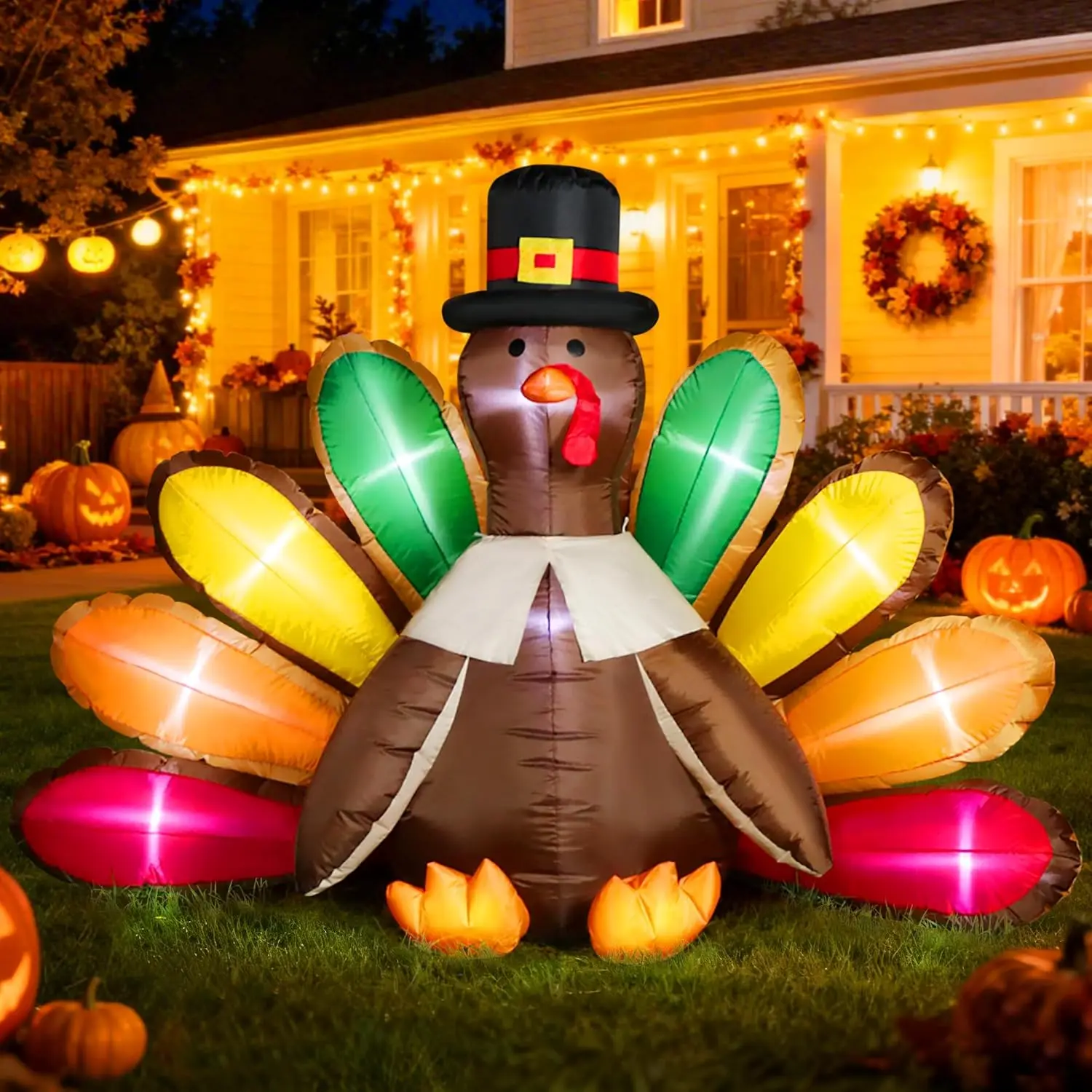 5ft Height Thanksgiving Inflatable LED Lighted Turkey with Colorful Tail Blow up Outdoor Lawn Yard Decoration
