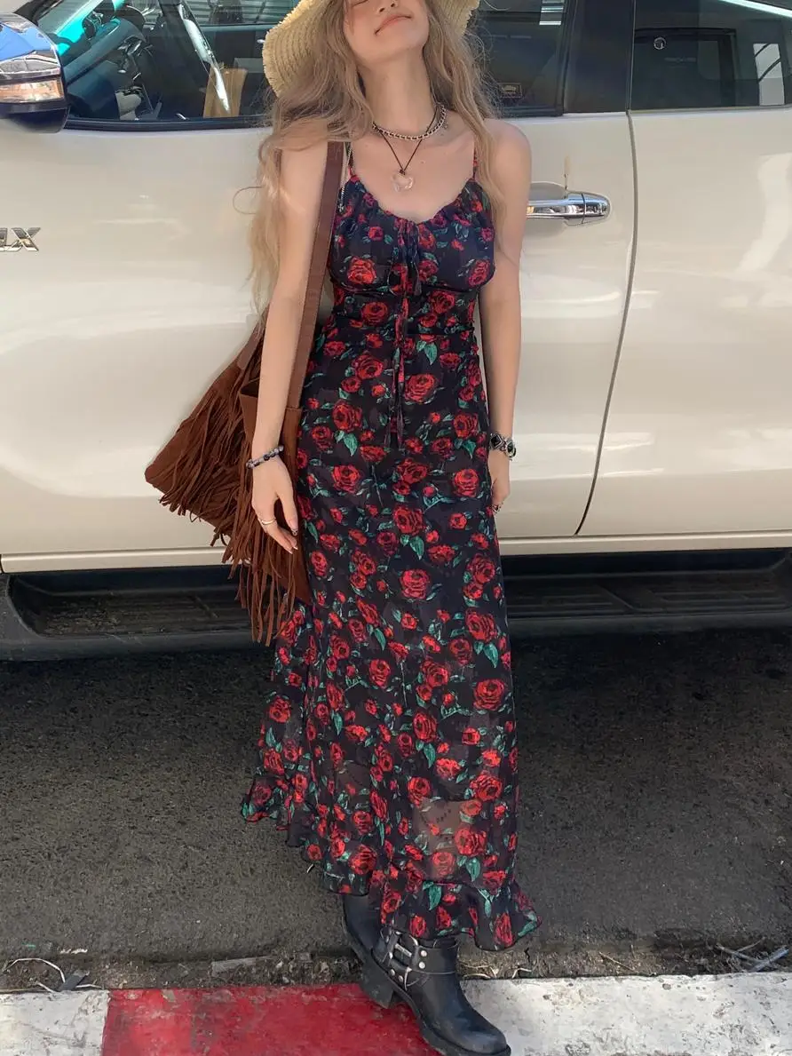 Abiti estivi da donna elegante sexy rosa rossa floreale Cami abito longuette stampa floreale abito a canotta abito lungo senza maniche cravatta frontale