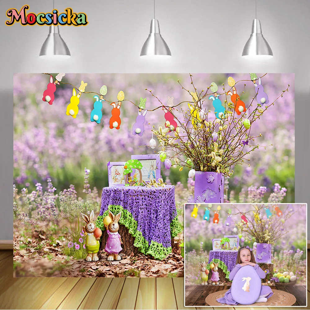 Mocsicka Spring Easter Theme Backdrop Bunny Eggs Purple Lavender Decoration Baby Shower Party Backgrounds Photography Studio