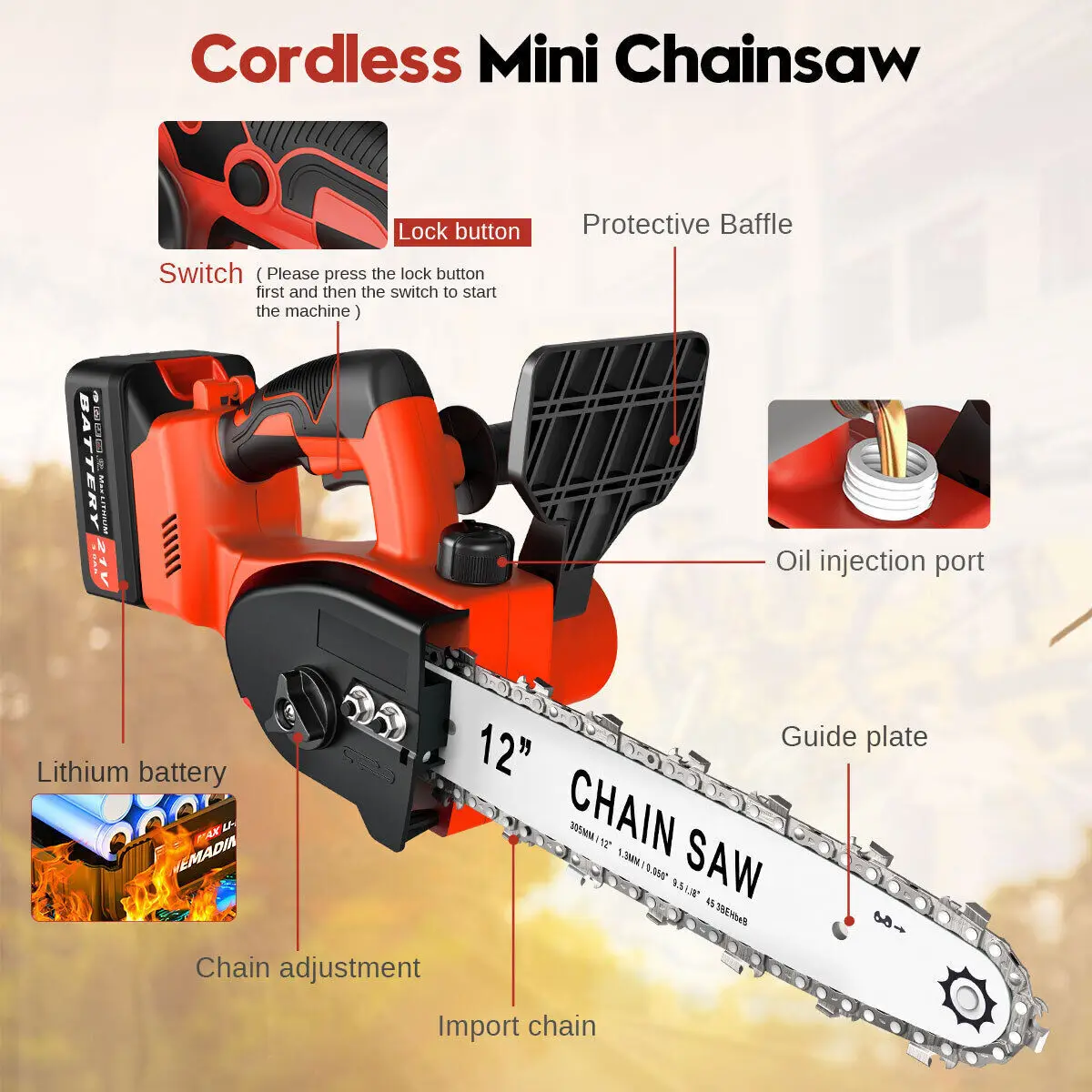 12 Inch Electric Chainsaw Cordless Brushless Wood Cutter 21V Rechargeable Chain saws Kit For Makita Work For Orchard Branch Clip