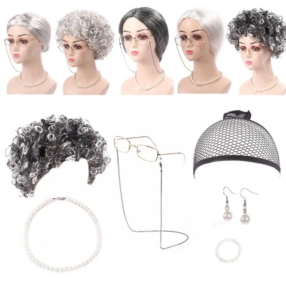 New Cosplay Granny Wig & Glasses Set Womens Grey Bun Grandma Hair Costume Accessories，Grandma Curly Hair Cosplay Party Supply