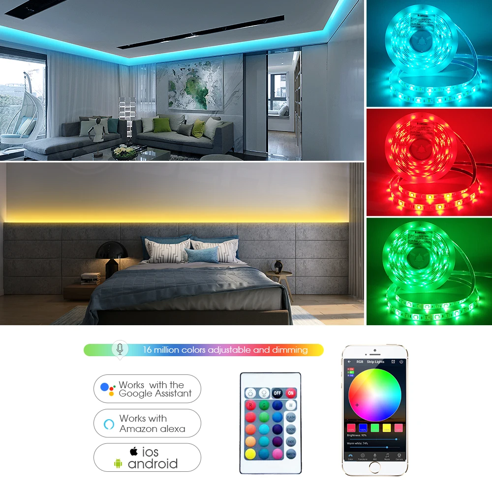 Imagem -05 - Impermeável Led Strip Lights com Controle de Voz Wifi Rgb 5050 Luzes de Fita Funciona com Alexa Echo Google Home Natal 60led m