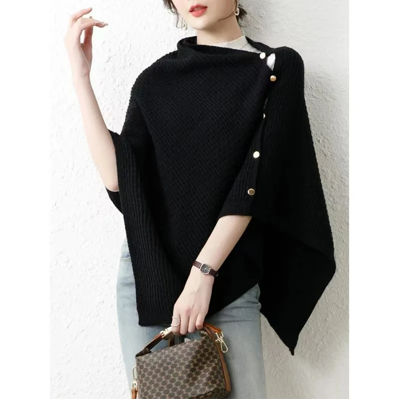 Warm Knitted Plain Color Scarf Thick Single Breasted Wool Shawl Wrap Women Cape Open Side Woven Cardigan Poncho Stole