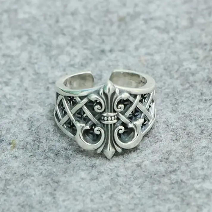 

Punk Style 925 Sterling Silver Scout Flower Ring Male domineering European and American wide face retro cross ship anchor Thai s