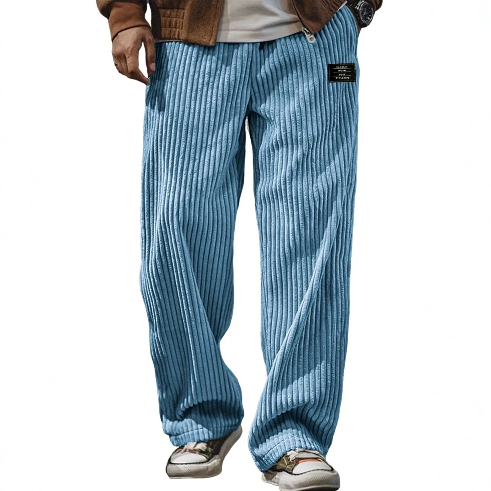 Retro Vertical Striped Men's Pants Corduroy Autumn Casual Pocket Trousers Loose Straight Bottoms Fashion Sports Male Clothing