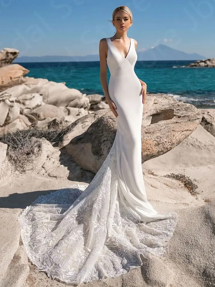 Vestido de novia de encaje sin mangas con escote en V, traje de novia de sirena, estilo bohemio, para playa y verano, 2024