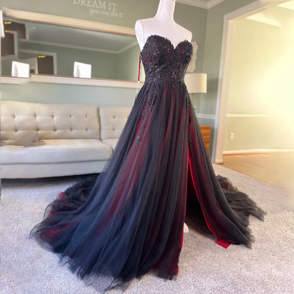 

Gothic Wedding Dresses Sweetheart Sleeveless Slit Brides Dress Appliques Halloween Bridal Gown Customized vestidos de novia