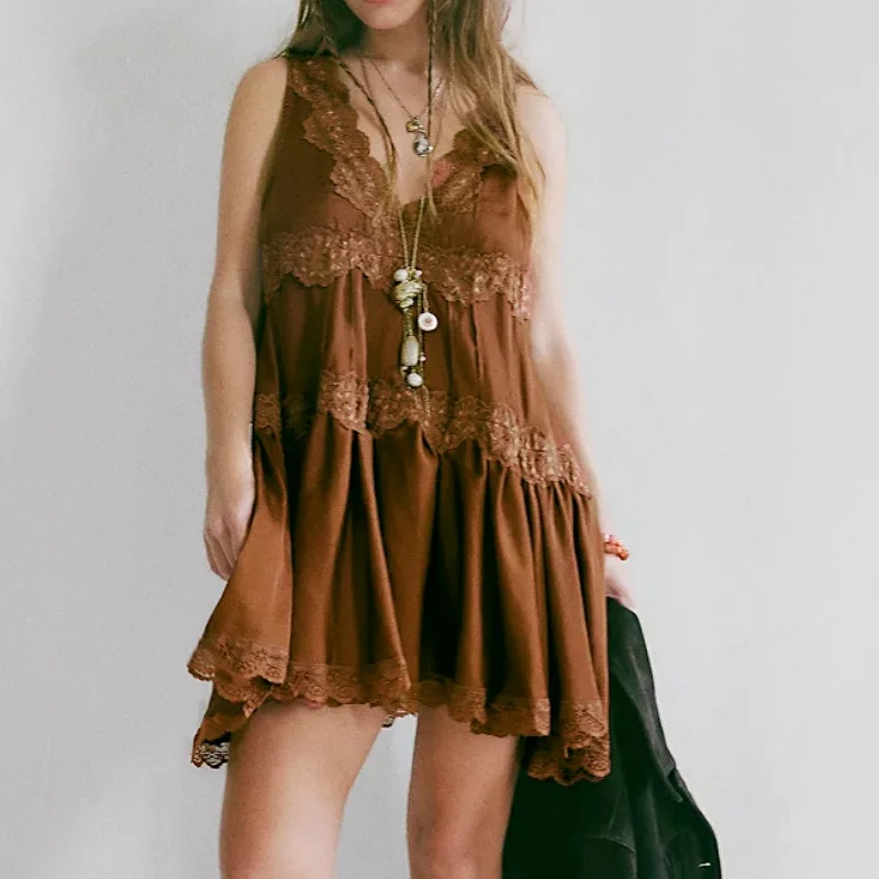 فستان نسائي قصير من الدانتيل Y2k فستان صيفي جمالي عتيق للفتيات الساخن فستان صيفي بوهو كوكيت للخروج