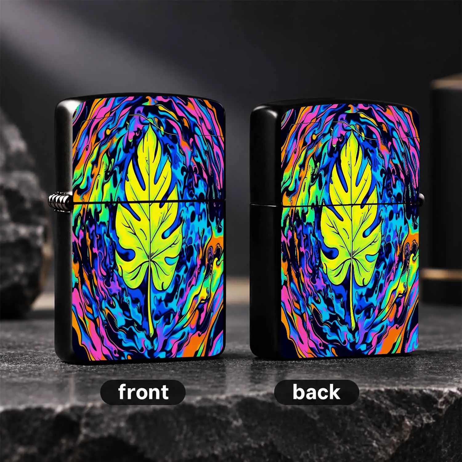 Trendy Psychedelic Tropical Leaf Lighter, Vibrant Iridescent Fluid Art Print Design, Portable Sleek Stylish Accessory, Suitable For Daily Carry, Outdoor Gathering, Holiday Gifting And Various Scenarios, Unique Eye-Catch A Humorous And Inter