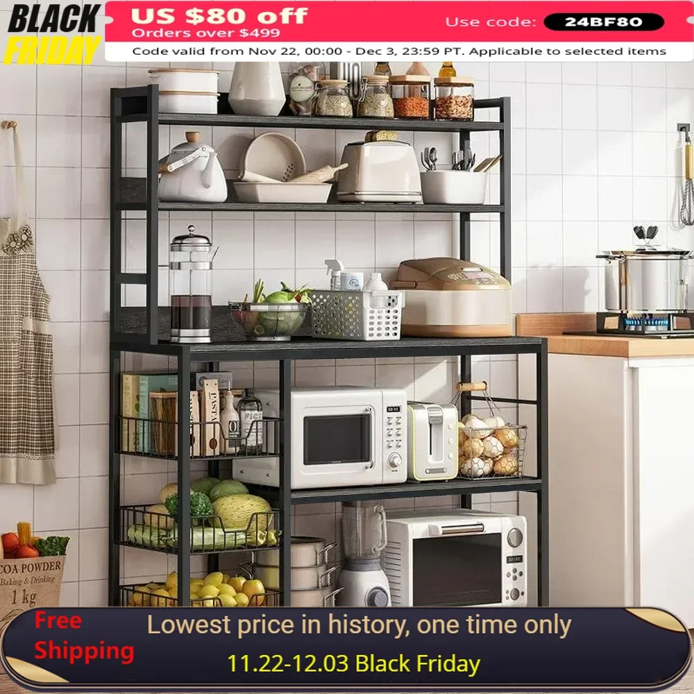 

Kitchen Bakers Rack with Baskets,5-Tier Kitchen Utility Storage Shelf with Hooks, Microwave Oven Stand Rack, Kitchen Shelf