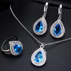HuiSept Rings Earrings Necklace 925 Silver Jewelry Set for Women Wedding Party Water Drop Shape Sapphire Gemstone Gift