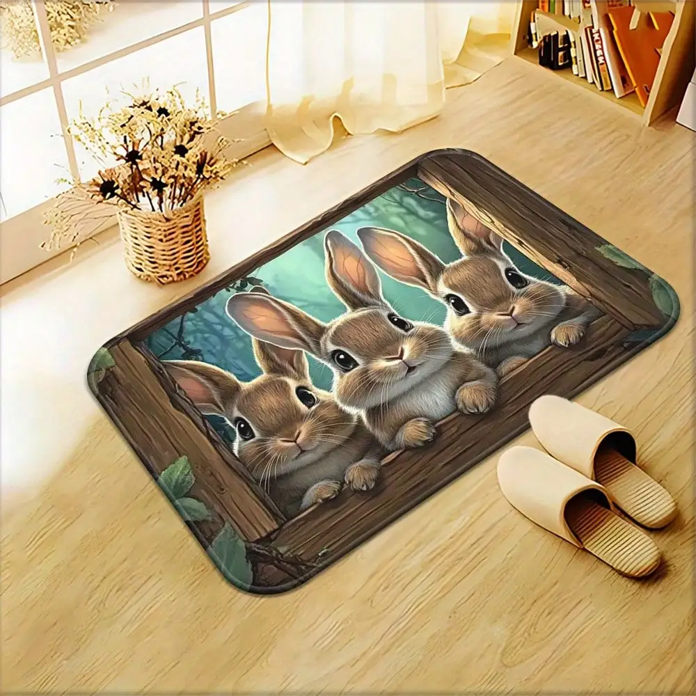 1pc Whimsical Rabbit Peeking Through Window Door Mat - Non-Slip Absorbent Washable Polyester Mat With Enchanted Forest Design For Bathroom, Bedroom, Living Room