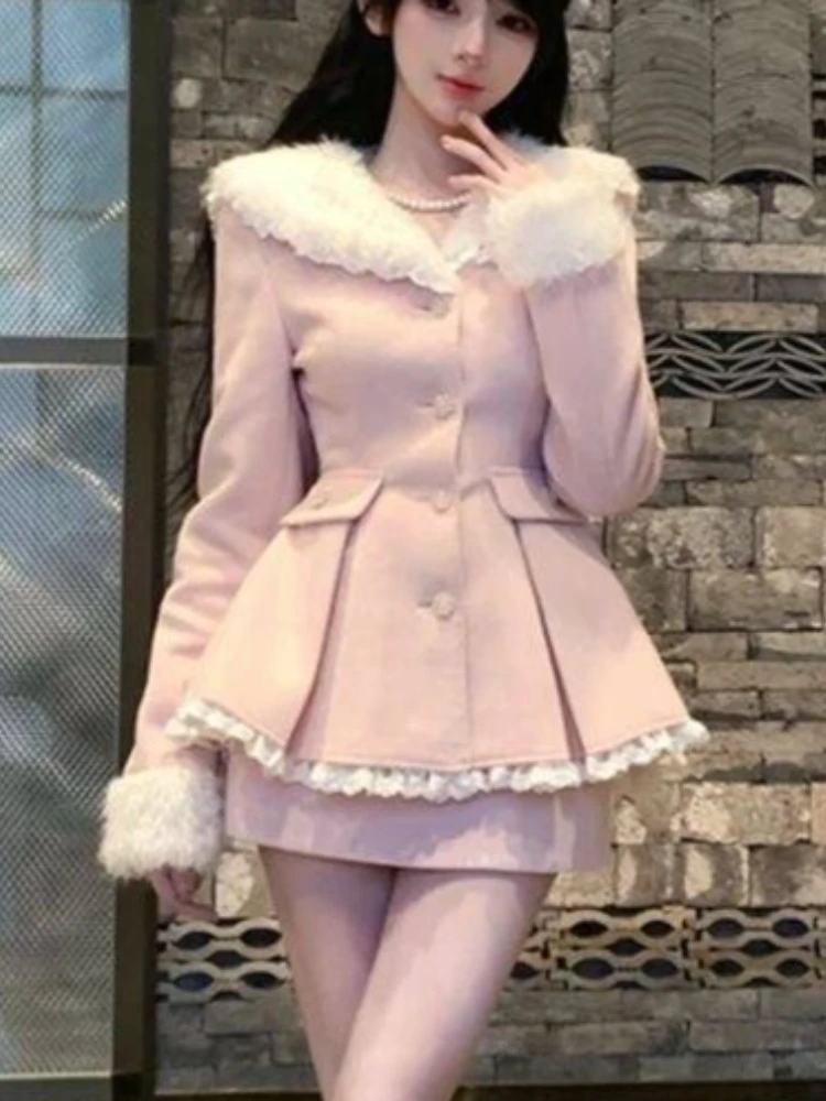 French Elegant Sweet Retro 2 Piece Set Woolen Blend Coat Fluffy Collar Coats + High Waist Skirt Aesthetic Princess Party Outfits