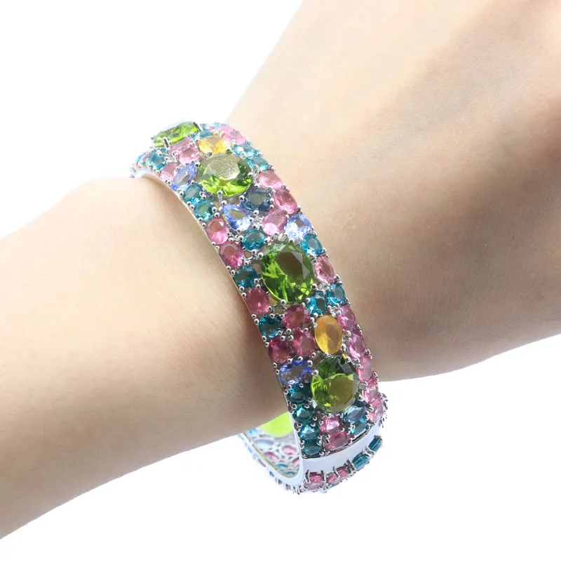 75x17mm Eye Catching Multi Color 43g Green Peridot Pink Tourmaline Iolite Women Dating Silver Bangle Bracelet 7.5inch