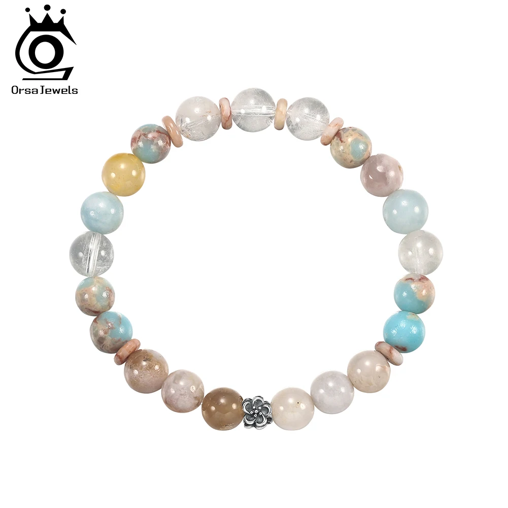 

ORSA JEWELS 925 Sterling Silver Flower Charm Beaded Bracelet with Quartz Natural Crystal Bracelet Jewelry Birthday Gift GMB98