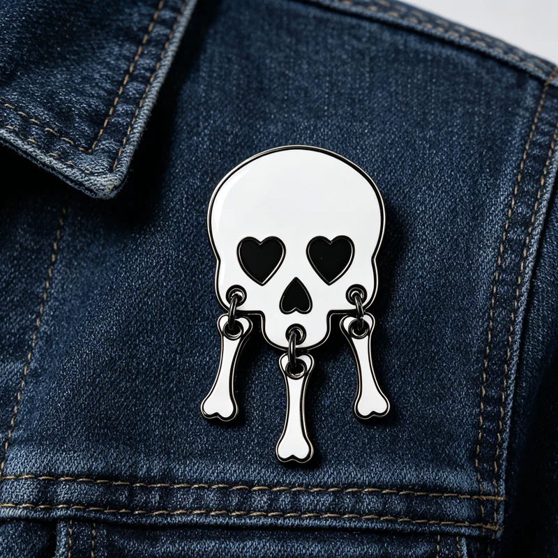 Heart Eyes Crossbones Hanging Chain Lapel Badges Cute Skull Enamel Pins Dangling Bones BroochesClothes Backpack Jewelry Gift