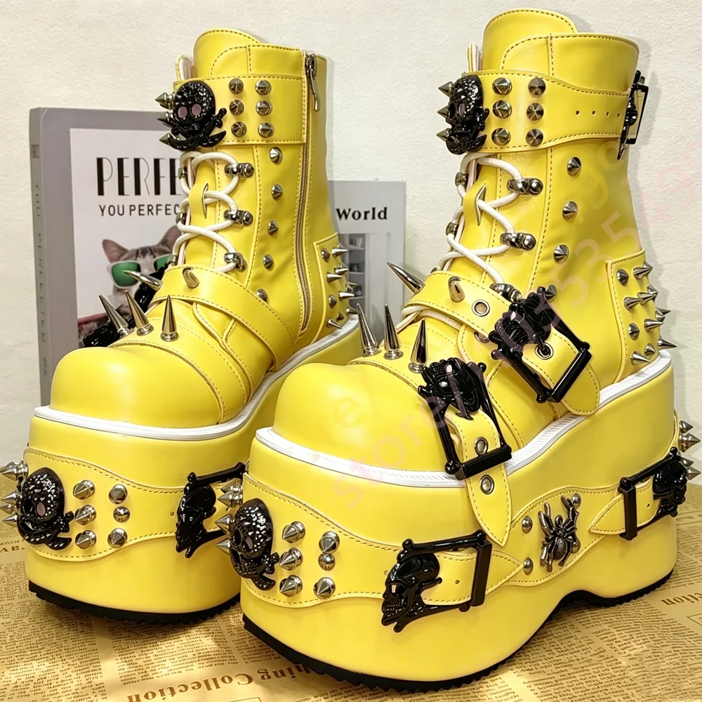 Women Platform Ankle Boots Gothic Punk Spider Metal Spikes Rivet Buckle Strap Side Zipper Lace Up Party Rock High Wedge Shoes - view 2