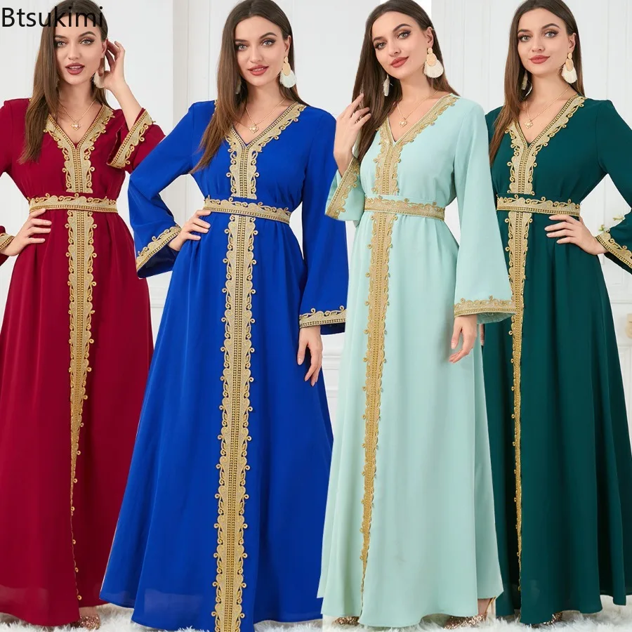 

2026 Muslim Women's Clothing Solid Color Patchwork Basic Style Loose Embroidery Long Dress Elegant Long-Sleeved Evening Dresses
