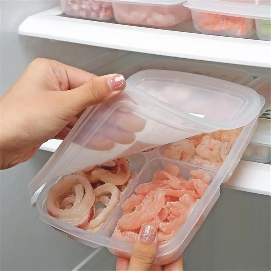 4 Grids Food Preparation Storage Box Compartment Refrigerator Freezer Organizers Sub-Packed Meat Onion Ginger Dishes Crisper