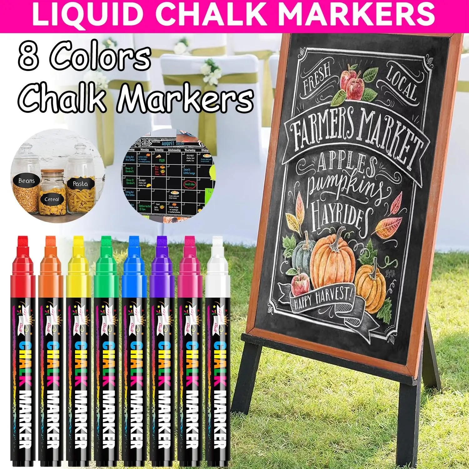Washable Window Chalk Markers for Glass, 8-Color Extra-Large Liquid Chalk Pens, Thick Wide Tip, Large Chalk Markers for Blackboards