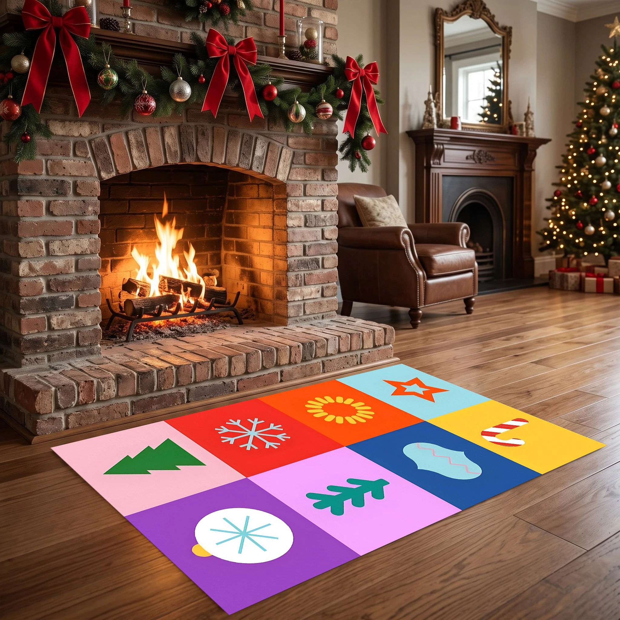 Velvet Rug Color Block Eight Square Candy Cane Christmas Tree Snowflake for Living Room Bedroom Entryway Bedside Decor
