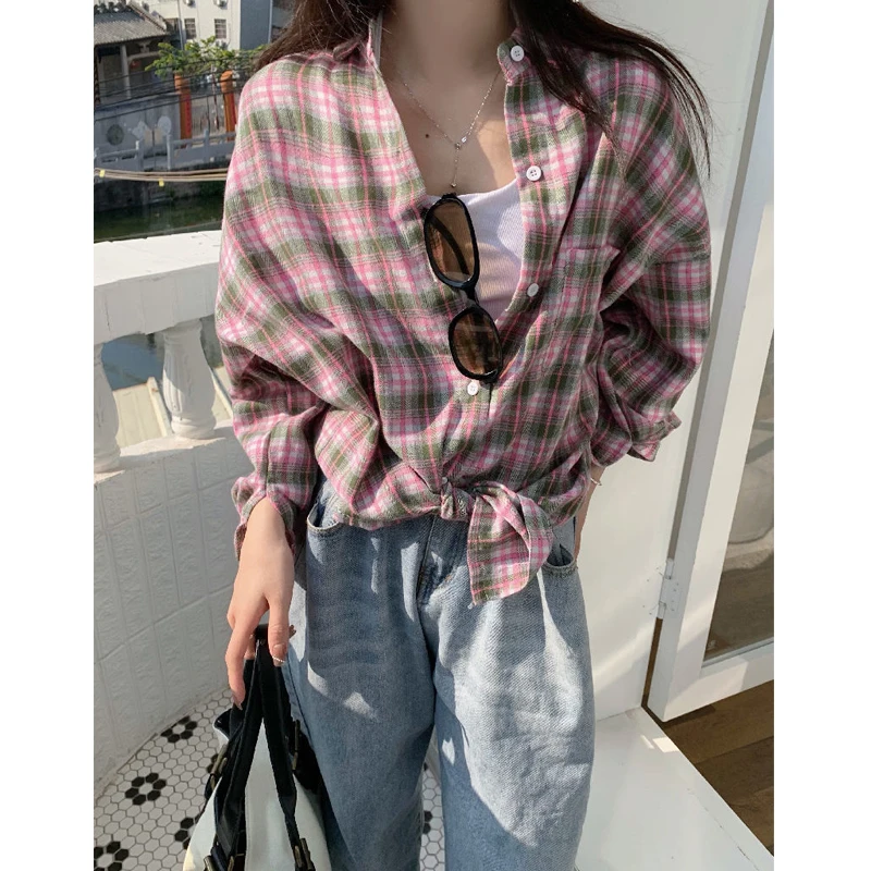 Women\'s Vintage Classic Plaid Pocket Oversized Streetwear Harajuku Shirts Blouses Spring Autumn Casual Loose Top Female Clothing