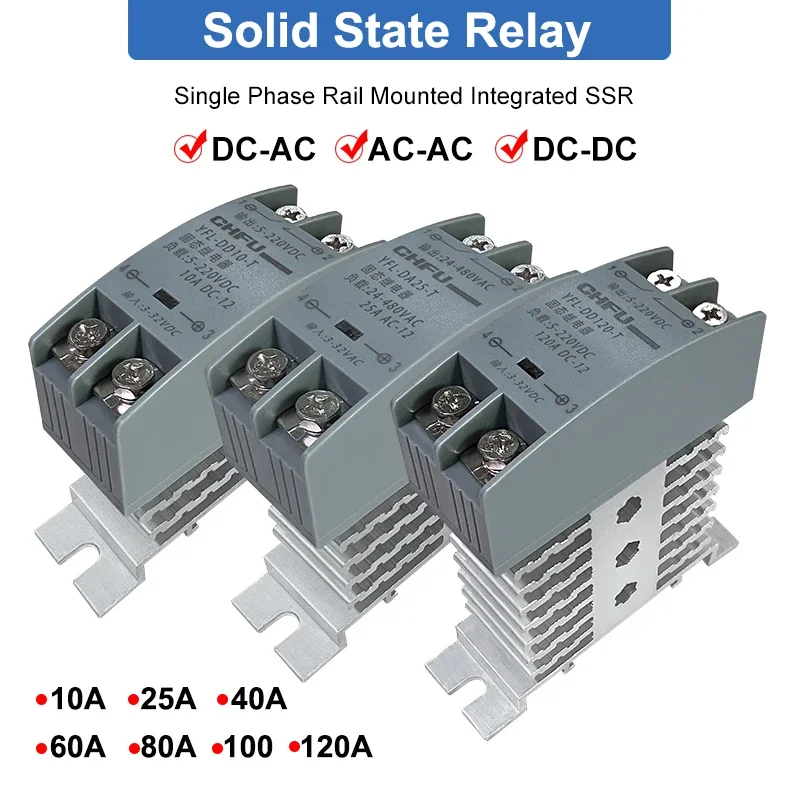 Solid State Relay 10A 25A 40A 60A 80A 100A 120A Din Rail Relay with Radiator SSR Single Phase AC-AC DC-DC