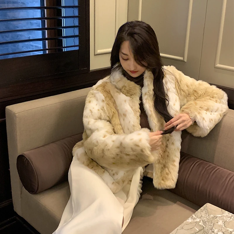 

Spot Patterned Eco-Friendly Fur Coat High Collar Commuter Sle Long Sve Regular Length Winter Faion Women's Outerwear