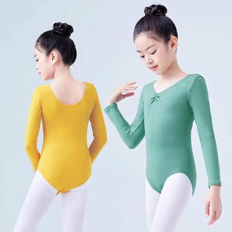 Collant de balé de manga longa para meninas, body de dança de algodão com cordão no peito, ginástica, roupas de bailarina para crianças pequenas