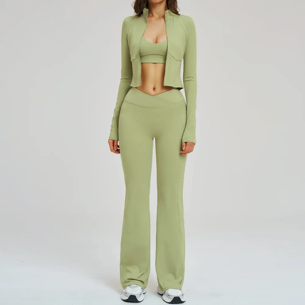 Tracksuit 3PCS Yoga Set Gym Suit Women High Waist Flare Leggings Zipper Jacket Long Sleeve Sport Bra Sports Set Women Sportswear
