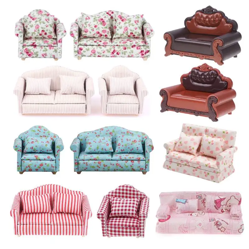 Mini domek dla lalek meble Sofa z zestawem poduszek symulacja 1:12 miniaturowy salon dzieci udawaj zagraj w DIY wystrój domu dla lalek