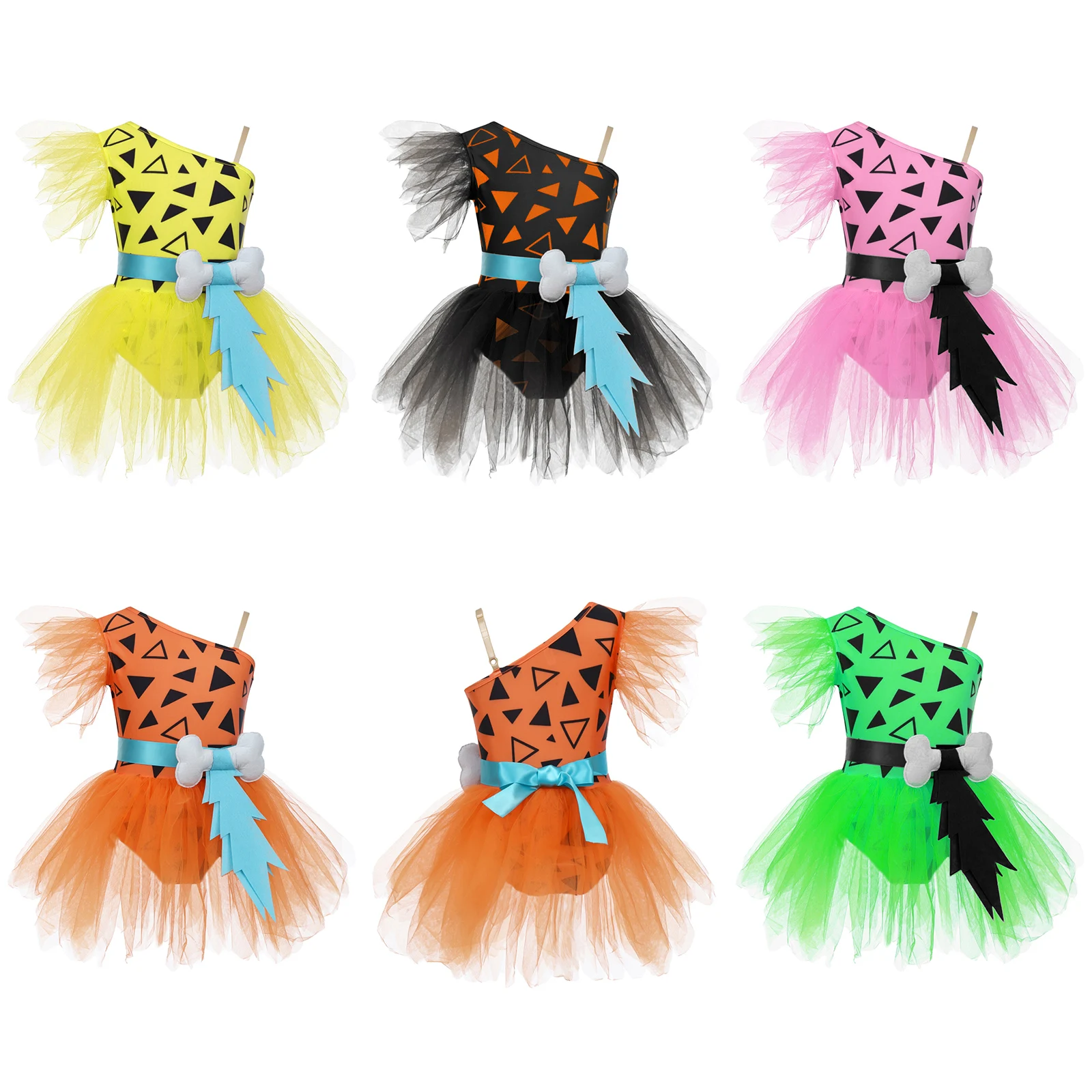 Girls Halloween Carnival Caveman Flintstone Primitive Tribe Cosplay Costume Cavegirl Dress Dance Tutu Leotard with 3D Bone Belt