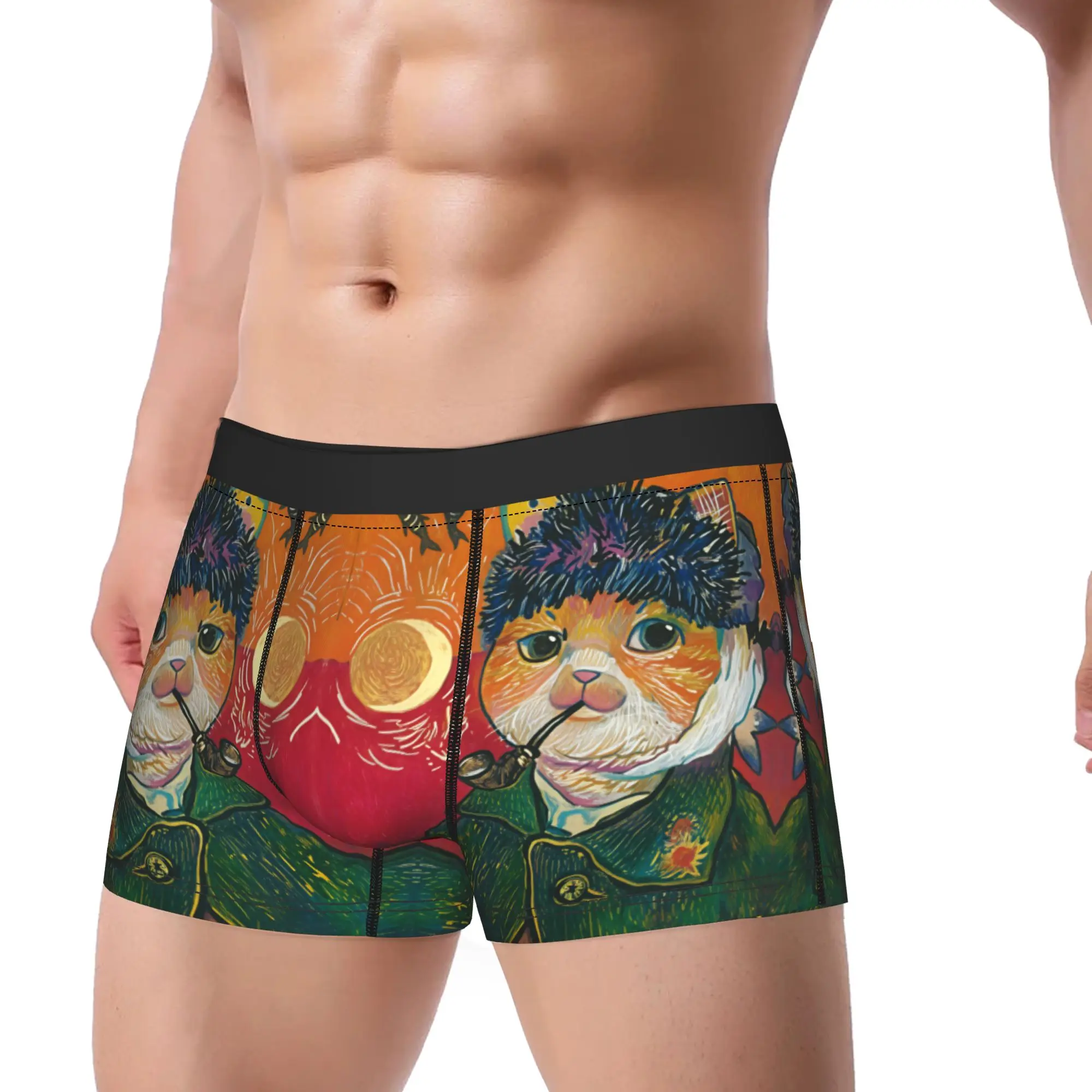 Van Gogh Self Portrait with Cat Face Mashup Boxer Brief  Underwear Quality Men's Breathable Boxershorts Plus Size Underpants
