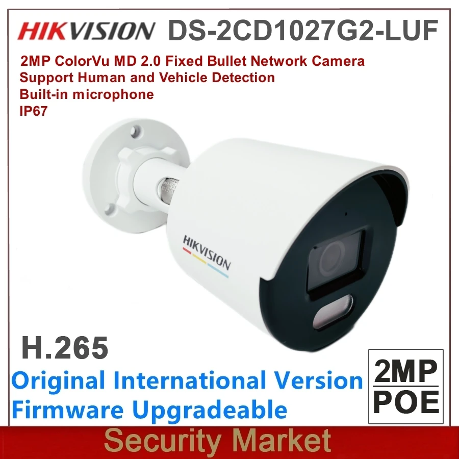 Original English Hikvision DS-2CD1027G2-LUF 2MP ColorVu Built-in Microphone Surveillance IP67 MD 2.0 Fixed Bullet Network Camera